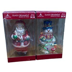 Holiday Time Glass Ornaments - Santa & Snowman Set - Festive Xmas Tree Decor